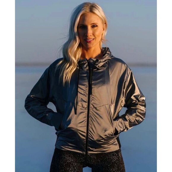 ZYIA Windbreaker Jacket Womens XXL Gray Silver Hoodie Lightweight Workout Pocket - Picture 3 of 16